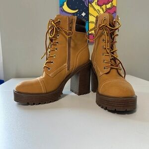 Stylish Tan Lace-Up Heeled Boots